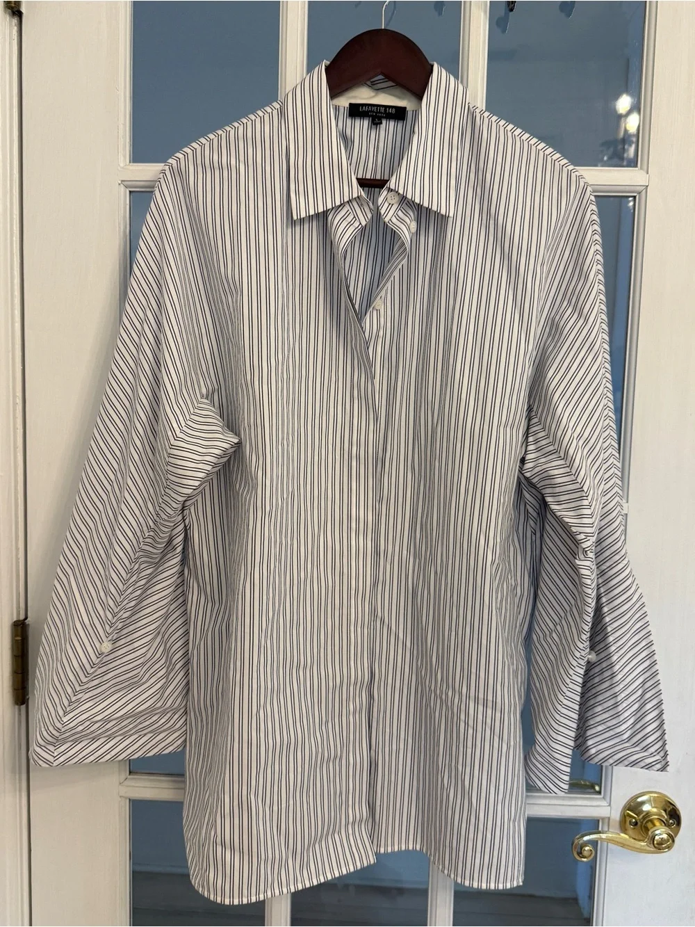 LAFAYETTE 148 Women's White Striped Wide Sleeve Button Down Shirt Size L - Picture 1 of 4